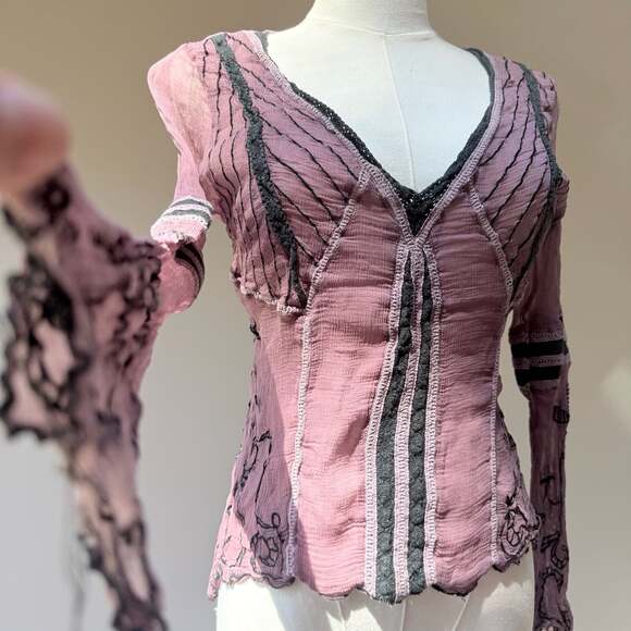 Age of Love by Nataya Tops - Vintage Age Mauve Sheer Crinkle Rayon Embroidered Boho Top